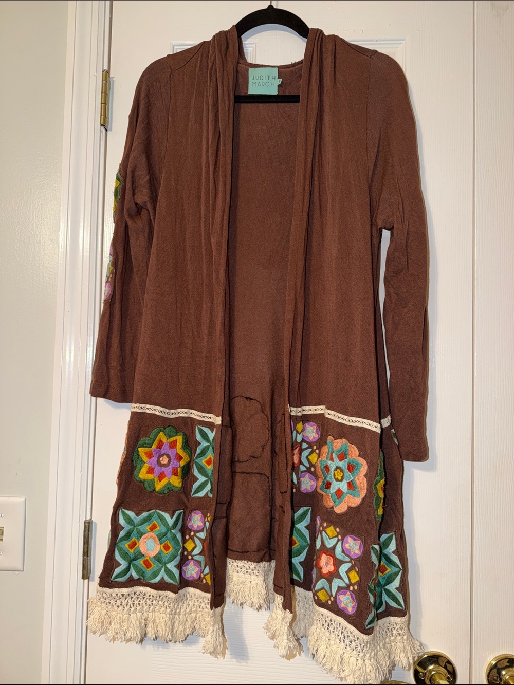 Judith March Brown Embroidered Fringe Open Cardigan
